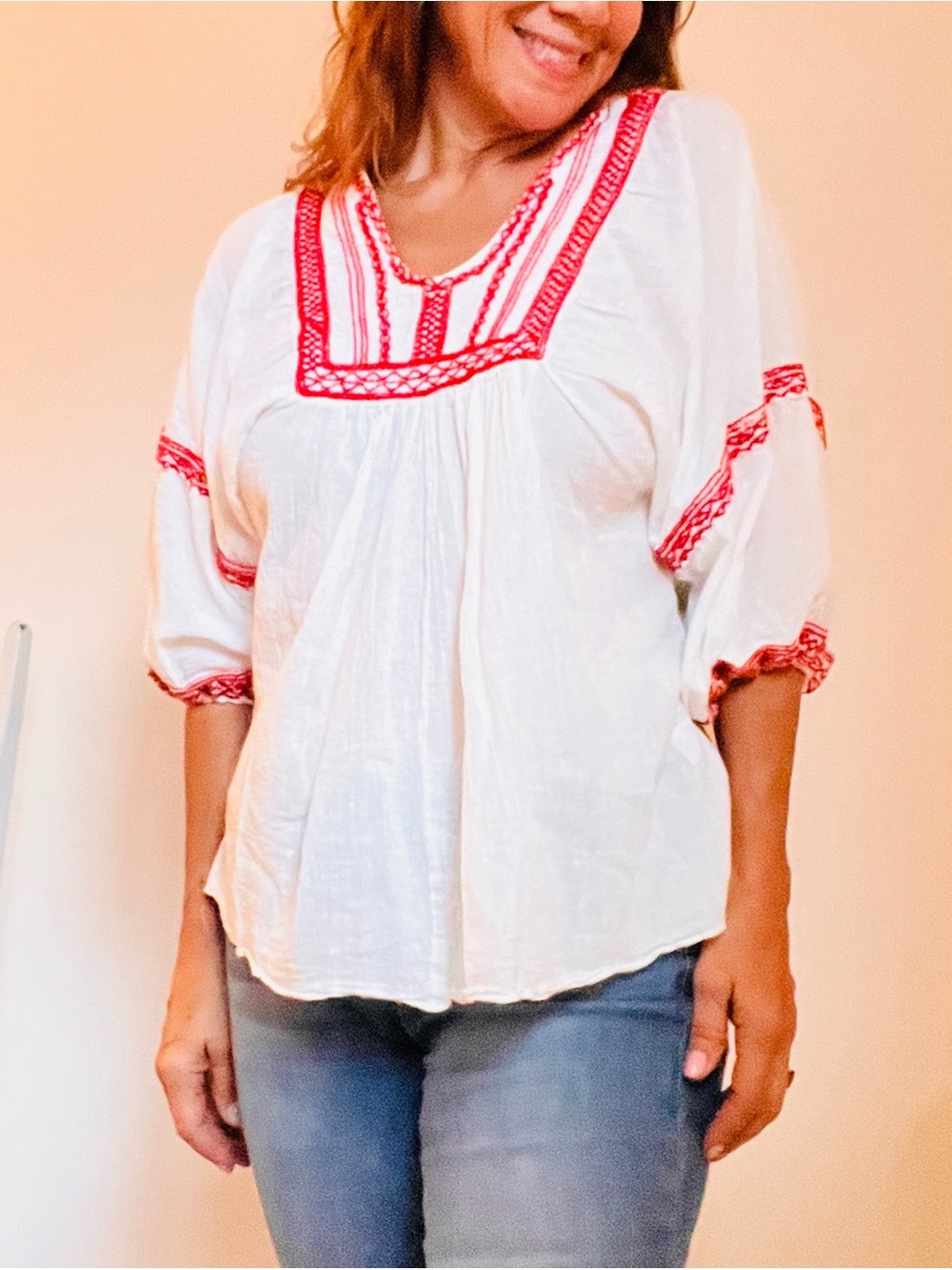 White Peasant Blouse with Red Embroidery - Boho Women's Top